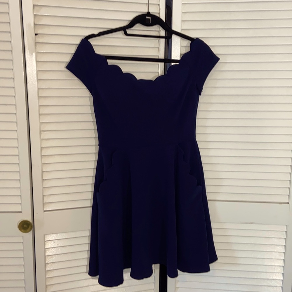 Navy Scalloped Off the Shoulder Flare Dress